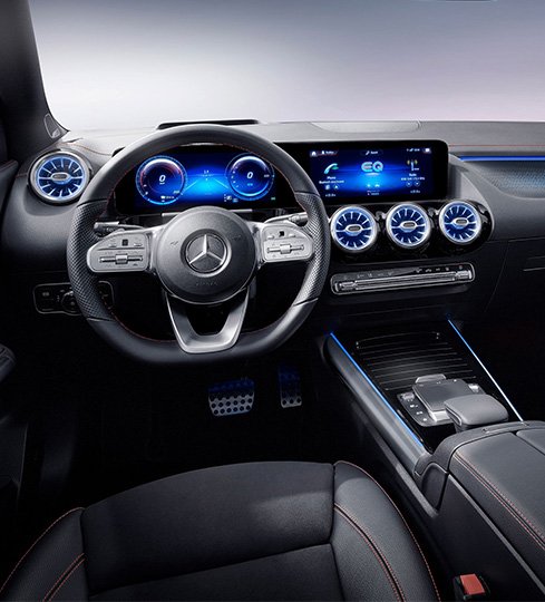 Close-up of a Mercedes car steering. Expert service available in Oman.